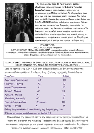 Με ηεκ πάνε ημο Θεμύ, 60 Υνηζηηακμί από Γνέηνηα,
αληςζήθαμε κα πνμζθοκήζμομε ηεκ Ι.Γηθόκα Πακαγίας
Ιεροζοισμίηηζζας, ε μπμία πανέμεηκε ζημ μεηόπη ημο
παηνηανπείμο ζηεκ Πιάθα γηα 3 μήκεξ. Σμ αλημζεμείςημ όμςξ
είκαη πςξ εκώ είπε πνμγναμμαηηζηεί ε επηζηνμθή Σεξ 1 μήκα
πνηκ, ακεβιήζε 3 θμνέξ. Κάπμημη ημ απέδςζακ ζε έκα ζαύμα, πςξ
δειαδή ε ΠΑΝΑΓΙΑ ήζειε κα βνίζθεηαη θμκηά ζημοξ Έιιεκεξ
ώζηε κα ημοξ πανεγμνεί ζηηξ δμθημαζίεξ πμο πενκμύκ ημκ
ηειεοηαίμ θαηνό. Αξ έπμομε ζημ μοαιό μαξ, πςξ ε Αγάπε Σεξ,
δεκ αθήκεη θακέκα επζνό κα μαξ πεηνάλεη, επεηδή αοηή ε
πμιύπαζε Υώνα, είκαη ζθιαβςμέκε ζημοξ πμιιμύξ Αγίμοξ, ηα
πνμζθοκήμαηα πμο βνίζθμκηαη ζε θάζε γςκηά ηεξ Παηνίδαξ μαξ,
ανθεί θαη εμείξ κα δείπκμομε πςξ ηημμύμε ηεκ δςνεά ημοξ.
ΓΤΥΑΡΙ΢ΣΗΡΙΟ:
ΛΤΚΟ΢-ΟΙΝΟ΢ δςνεά 48 θναζηώκ
ΦΟΤΡΝΟΙ-ΜΩΡΟΤ, Α΢ΗΜΑΚΟΤ, ΚΛΗΜΑΝΣΙΡΗ, πνμζθμνά ρςμημύ ζε θηςπμύξ αδειθμύξ.
Ακηηδήμανπμ Ιςάκκε Σζώθμ: πνμζθμνά 200 μενίδςκ θαγεημύ Πακήγονεξ Γλςθθιεζίμο Αγίςκ Αζςμάηςκ.
΢ηαύνμ ΢ηαμαηάθμ: δηα ηεκ δεκηνμθύηεοζε ζημ πνμαύιημ Ι.Ν.
ΓΚΚΛΗ΢Η: ΓΚΚΛ. ΢ΤΜΒΟΤΛΙΟΤ ΢Γ ΓΝΟΡΙΣΓ΢, ΔΙΑ ΠΡΟ΢ΦΟΡΑ ΣΡΟΦΙΜΩΝ. ΑΦΟΡΑ ΟΛΟΤ΢ ΜΑ΢,
ΒΟΗΘΑ Γ΢ΣΩ ΓΝΑ ΓΑΛΑ ΣΟΝ ΜΗΝΑ, ΠΓΡΙ΢΢ΟΣΓΡΟ ΑΠΟ ΚΑΘΓ ΓΠΟΥΗ.
Καηά ημ ζπμιηθό έημξ 2014 – 2015 ζηεκ αίζμοζα δηδαζθαιίαξ Βοδακηηκήξ Μμοζηθήξ
παναθμιμύζεζακ μαζήμαηα 8 μαζεηέξ. ΢ηηξ ελεηάζεηξ ηεξ ζπμιήξ δηαγςκίζζεθακ:
Όκομ/κσμο Έηος Βαζμός
1. Ακαζηαζία Ραμακηακάθε Α2 10
2. Γεώργηος Σζώκος Α2 10
3. Μαρία ΢αραθοπούιοσ Α΄ 10
4. Κσρηαθή Μπάθα Α΄ 10
5. Αγγειηθή Μπάθα Α΄ 10
6. Αζακάζηος Μπαζηκάς Α΄ 8
7. Πακηειεήμωκ Μπάθας Α΄προθαη. 10
8. Φώηηος Σζίγθας Α΄ 9
Γπίζες δηαγωκίζζεθακ 2 ζποσδαζηές ηες Γκορίας μας, ηοσ
Β΄έηοσς οη οποίοη προβηβάζηεθακ με βαζμό 10.
Παναθαιμύμε ηεκ πνμζεοπή ζαξ γηα ηεκ πνόμδμ αοηήξ ηεξ ηαπεηκήξ πνμζπάζεηαξ, με
ζθμπό ηεκ δηαηήνεζε ηεξ Μμοζηθήξ Πανάδμζεξ ηεξ Γθθιεζίαξ μαξ. Γοειπηζημύμε κα
εκηζπύζμομε ημ ένγμ μαξ με ηεκ θοζηθή πανμοζία θαη άιιςκ ζπμοδαζηώκ. Σα μαζήμαηα
πανέπμκηαη εκηειώξ δςνεάκ. Γγγναθέξ –πιενμθμνίεξ ΚΙΝ.: 6939187930
 