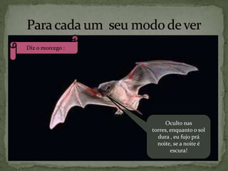 Diz o morcego :

Oculto nas
torres, enquanto o sol
dura , eu fujo prá
noite, se a noite é
escura!

 