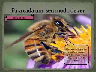 Diz a abelha:

Que venha depressa
o verão e o calor
, pra haver mel mais
doce do pólen da
flor!

 