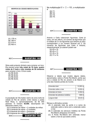 (A ) 176 m.
(B) 196 m.
(C) 314 m.
(D) 490 m.
D23 –––––––––– QUESTÃO 162
–––––––––
Silvia está juntando dinheiro para comprar um livro.
Ela precisa juntar três notas de 10 reais, quatro
notas de 2 reais e três moedas de 50 centavos
para comprar o livro. O livro custa
(A) R$ 38,00.
(B) R$ 38,50.
(C) R$ 39,00.
(D) R$ 39,50.
D15 –––––––––– QUESTÃO 163
–––––––––
A população de Vila Isabel, bairro da zona norte da
cidade do Rio de Janeiro, onde nasceu o poeta
Noel Rosa, é, aproximadamente, de 82 000
pessoas. O número 82.000, decomposto em
diferentes ordens, fica
(A) 8 centenas de milhar + 2 unidades de milhar.
(B) 8 centenas de milhar + 2 unidades.
(C) 8 dezenas de milhar + 2centenas.
(D) 8 dezenas de milhar + 2 unidades de milhar.
D18 –––––––––– QUESTÃO 164
–––––––––
Na multiplicação , o multiplicador
é
(A) 11.
(B) 12.
(C) 13.
(D) 10.
D19 –––––––––– QUESTÃO 165
–––––––––
Antonio e Carlo colecionam figurinhas. Carlo já
colou, em seu álbum, um número de figurinhas que
é múltiplo de 3 e as figurinhas que Antonio já colou
correspondem a um número divisível por 2. Os
números de figurinhas que Carlo e Antonio,
respectivamente, já colaram podem ser
(A) 45 e 18.
(B) 45 e 17.
(C) 35 e 18.
(D) 17 e 18.
D27 –––––––––– QUESTÃO 166
–––––––––
Observe a tabela que mostra alguns dados,
aproximados, sobre a Ponte Rio-Niterói, ponte que
une a cidade do Rio de Janeiro à de Niterói e é
uma das maiores pontes do mundo.
Marque a afirmativa correta:
(A) A extensão total da ponte é a soma da
extensão sobre a terra com a extensão sobre
o mar.
(B) A extensão da estrutura metálica da Ponte
Rio-Niterói ultrapassa mil metros.
(C) A Ponte Rio-Niterói tem extensão menor
sobre o mar do que sobre a terra.
 