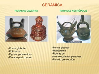 CERÁMICA
     PARACAS CAVERNA             PARACAS NECRÓPOLIS




-Forma globular            -Forma globular
-Polícroma                 -Monócroma
-Figuras geométricas       -Figuras de
-Pintado post cocción      animales,plantas,personas.
                           -Pintado pre cocción
 