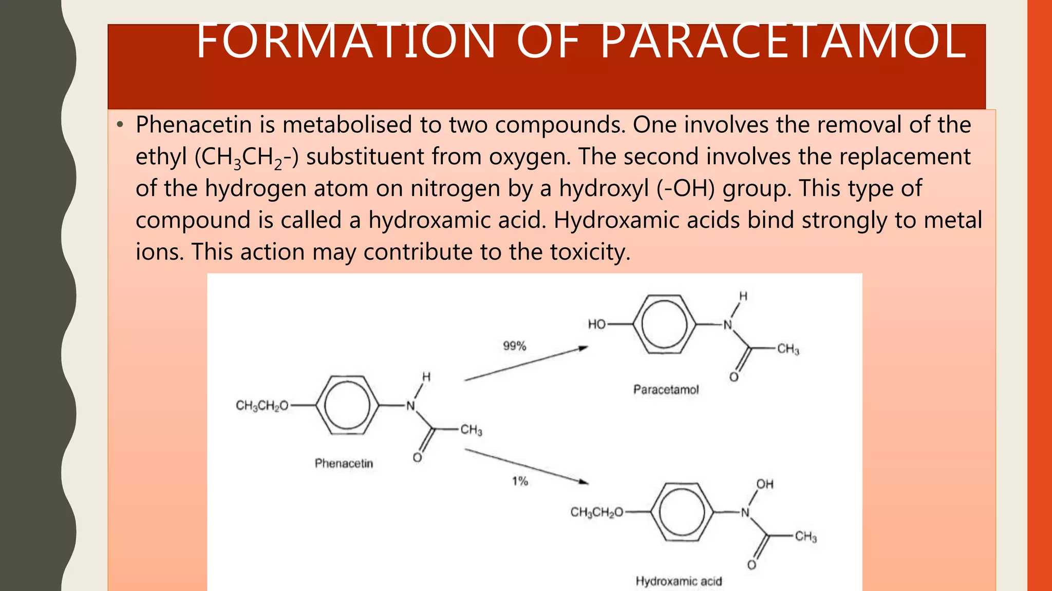 FORMATION OF PARACETAMOL
• Phenacetin is metabolised to two compounds. One involves the removal of the
ethyl (CH3CH2-) substituent from oxygen. The second involves the replacement
of the hydrogen atom on nitrogen by a hydroxyl (-OH) group. This type of
compound is called a hydroxamic acid. Hydroxamic acids bind strongly to metal
ions. This action may contribute to the toxicity.
 
