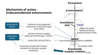10 /38
10
Mechanism of action -
Endocannabinoid enhancement
increasing cannabinoid receptor
activation on the post-synaptic
membrane
Fatty acid amide
hydrolase (found
predominantly in CNS)
N-arachidonoylphenolamine (AM404)
in synaptic clefts
activate transient receptor
potential vanilloid type 1 (TRPV1)
inhibition of prostaglandin
production in the brain (apart
from COX3)
inhibit COX, NO and TNF-a
ANALGESIC
EFFECT
ANTIPYRETIC
EFFECT
 