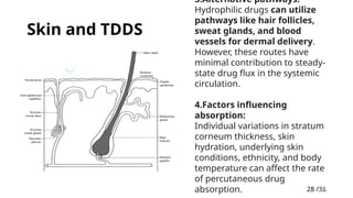 28 /38
28
Skin and TDDS
3.Alternative pathways:
Hydrophilic drugs can utilize
pathways like hair follicles,
sweat glands, and blood
vessels for dermal delivery.
However, these routes have
minimal contribution to steady-
state drug flux in the systemic
circulation.
4.Factors influencing
absorption:
Individual variations in stratum
corneum thickness, skin
hydration, underlying skin
conditions, ethnicity, and body
temperature can affect the rate
of percutaneous drug
absorption.
 