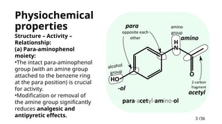 3 /38
3
Physiochemical
properties
Structure – Activity –
Relationship:
(a) Para-aminophenol
moiety:
•The intact para-aminophenol
group (with an amine group
attached to the benzene ring
at the para position) is crucial
for activity.
•Modification or removal of
the amine group significantly
reduces analgesic and
antipyretic effects.
 