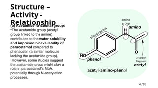 4 /38
4
Structure –
Activity -
Relationship
(b) Acetamide functional group:
•The acetamide group (acetyl
group linked to the amine)
contributes to the water solubility
and improved bioavailability of
paracetamol compared to
phenacetin (a similar molecule
lacking the acetamide group).
•However, some studies suggest
the acetamide group might play a
role in paracetamol's MoA,
potentially through N-acetylation
processes.
 