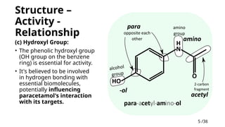 5 /38
5
Structure –
Activity -
Relationship
(c) Hydroxyl Group:
• The phenolic hydroxyl group
(OH group on the benzene
ring) is essential for activity.
• It's believed to be involved
in hydrogen bonding with
essential biomolecules,
potentially influencing
paracetamol's interaction
with its targets.
 