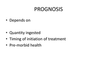 PROGNOSIS
• Depends on

• Quantity ingested
• Timing of initiation of treatment
• Pre-morbid health
 