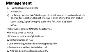 Management
1. Gastric lavage within 4hrs
2. ANTIDOTE-
a) N Aetaly cysteine (NAC) is the specific antidode and is used orally within
16hrs after ingestion. It is not effective if given after 24hrs of in gestion
Dose-140mg/kg f/b 70mg/kg every 4hrs for 17dose(18 doses)
MOA-
It prevents binding NAPQI to hepatocytes
Directly binds to NAPQI
Enhances synthesis of glutathione
Containdication of NAC
oComa,vomiting,hepatic failure,encephalopathy
oPretreatment with activated charcoal
 NAC can be administered orally of I/V
 