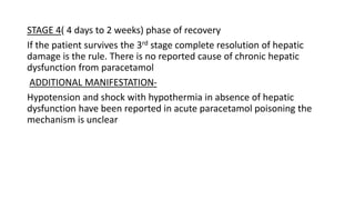 STAGE 4( 4 days to 2 weeks) phase of recovery
If the patient survives the 3rd stage complete resolution of hepatic
damage is the rule. There is no reported cause of chronic hepatic
dysfunction from paracetamol
ADDITIONAL MANIFESTATION-
Hypotension and shock with hypothermia in absence of hepatic
dysfunction have been reported in acute paracetamol poisoning the
mechanism is unclear
 
