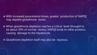  With increased paracetamol doses, greater production of NAPQI
may deplete glutathione stores.
 When glutathione depletion reaches a critical level (thought to
be about 30% of normal stores), NAPQI binds to other proteins,
causing damage to the hepatocyte.
 Glutathione depletion itself may also be injurious.
 