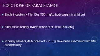 TOXIC DOSE OF PARACETAMOL
 Single ingestion > 7 to 10 g (150 mg/kg body weight in children)
 Fatal cases usually involve doses of at least 15 to 25 g
 In heavy drinkers, daily doses of 2 to 6 g have been associated with fatal
hepatotoxicity
 