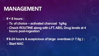 MANAGEMENT
If < 8 hours :
Tx of choice – activated charcoal 1g/kg
Check ROUTINE along with LFT,ABG, Drug levels at 4
hours post-ingestion
If 8-24 hours & suspicious of large overdose (> 7.5g ) :
Start NAC
 