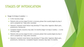 STAGES OF INTOXICATION
 Stage 4 (4 days-2 weeks) : •
 Is the recovery stage
 Patients who survive stage III enter a recovery phase that usually begins by day 4
and is complete by 7 days after overdose
 However, transient renal failure may develop 5-7 days after ingestion (Back pain,
proteinuria, hematuria)
 Complete hepatic recovery may take 3-6 months.Stage 4 (4 days-2 weeks) : • Is the
recovery stage
 Patients who survive stage III enter a recovery phase that usually begins by day 4
and is complete by 7 days after overdose
 However, transient renal failure may develop 5-7 days after ingestion (Back pain,
proteinuria, hematuria) • Complete hepatic recovery may take 3-6 months.
 