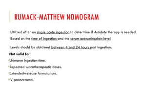 RUMACK-MATTHEW NOMOGRAM
Utilized after an single acute ingestion to determine if Antidote therapy is needed.
Based on the time of ingestion and the serum acetaminophen level
Levels should be obtained between 4 and 24 hours post ingestion.
Not valid for:
•Unknown ingestion time.
•Repeated supratherapeutic doses.
•Extended-release formulations.
•IV paracetamol.
 