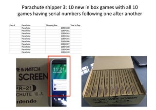 Parachute	
  shipper	
  3:	
  10	
  new	
  in	
  box	
  games	
  with	
  all	
  10	
  
games	
  having	
  serial	
  numbers	
  following	
  one	
  a;er	
  another	
  
 
