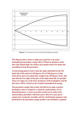 Diagram 1 - Gore pattern for 6 gore 252mm dia hemispherical parachute

The diagram above shows a single gore panel for a six panel
hemispherical parachute canopy that is 252mm in diameter at the
base and 126mm high. Six of these gore panels need to be made and
assembled to form the parachute.
An interesting point to note is that the angle subtended on the left
hand side of the pattern is 60 degrees (1/6 of 360 degrees) so that
when all six gores are joined they complete the 360 degree circle. Also
note that the two edges of the gore at the right hand side are parallel.
These two edges are at the lower perimeter of the hemisphere and the
lines here will be vertical on the resultant hemispherical canopy.
The parachute canopy that results will still not be quite a perfect
hemisphere since it comprises a relatively small number of two
dimensional gores. A closer to perfect result can be achieved by
constructing a parachute with more gores. However more gores
equals more sewing for assembly and for winch/bungee purposes true
perfection in the parachute canopy profile is not absolutely required.

 