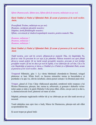 Sfinte Dumnezeule, Sfinte tare, Sfinte fără de moarte, miluieşte-ne pe noi.
Slavă Tatălui şi Fiului şi Sfântului Duh. Şi acum şi pururea şi în vecii vecilor.
Amin.
Preasfântă Treime, miluieşte-ne pe noi;
Doamne, curăţeşte păcatele noastre;
Stăpâne, iartă fărădelegile noastre;
Sfinte, cercetează şi vindecă neputinţele noastre, pentru numele Tău.
Doamne, miluieşte !
Doamne, miluieşte !
Doamne, miluieşte !
Slavă Tatălui şi Fiului şi Sfântului Duh. Şi acum şi pururea şi în vecii vecilor.
Amin
Tatăl nostru, care eşti în ceruri, sfinţească-se numele Tău, vie împărăţia Ta,
facă-se voia Ta precum în cer aşa şi pe pământ. Pâinea noastră cea spre fiinţă
dă-ne-o nouă astăzi. Şi ne iartă nouă greşalele noastre, precum şi noi iertăm
greşiţilor noştri. Şi nu ne duce pe noi în ispită, ci ne izbăveşte de cel rău. Că a Ta
este Împărăţia şi puterea şi slava, a Tatălui şi a Fiului şi a Sfântului Duh, acum
şi pururea şi în vecii vecilor. Amin.
Troparul Sfântului, glas 1: La vârsta bătrâneţii chemându-te Domnul, toiagul
păstoresc ai luat, Sfinte Iosif, cu facerea minunilor turma ta bucurându-o şi
purtându-o la apa vie, slăvite ierarhule; căreia pururi soleşte-i la Domnul pute-rilor.
Tropar, glasul al 2-lea: Cârja vlădicească apucând, următorul milei nespuse a lui
Hristos Dumnezeu, păzeşte, dar, turma ta, arhiereule, şi goneşte-i duhurile viclea-
nului şarpe şi mân-o la apele Duhului Celui prea sfânt, sfinte, cea pe care ţi-a dat-o,
o, dumnezeiescule Iosif, păstorul cel mare al oilor.
Stăpână, primeşte rugăciunile robilor tăi şi ne izbăveşte pe noi din toată nevoia şi
necazul.
Toată nădejdea mea spre tine o înalţ, Maica lui Dumnezeu, păzeşte-mă sub sfânt
acoperământul tău.
Și acest tropar pe glasul întâi:
 