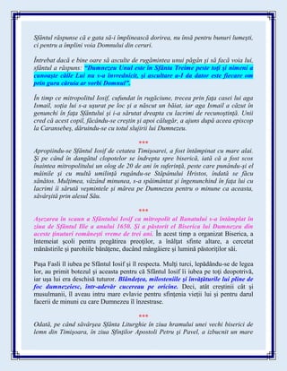 Sfântul răspunse că e gata să-i împlinească dorirea, nu însă pentru bunuri lumeşti,
ci pentru a împlini voia Domnului din ceruri.
Întrebat dacă e bine oare să asculte de rugămintea unui păgân şi să facă voia lui,
sfântul a răspuns: “Dumnezeu Unul este în Sfânta Treime peste toţi şi nimeni a
cunoaşte căile Lui nu s-a învrednicit, şi ascultare a-I da dator este fiecare om
prin gura căruia ar vorbi Domnul”.
În timp ce mitropolitul Iosif, cufundat în rugăciune, trecea prin faţa casei lui aga
Ismail, soţia lui s-a uşurat pe loc şi a născut un băiat, iar aga Ismail a căzut în
genunchi în faţa Sfântului şi i-a sărutat dreapta cu lacrimi de recunoştinţă. Unii
cred că acest copil, făcându-se creştin şi apoi călugăr, a ajuns după aceea episcop
la Caransebeş, dăruindu-se cu totul slujirii lui Dumnezeu.
***
Apropiindu-se Sfântul Iosif de cetatea Timişoarei, a fost întâmpinat cu mare alai.
Şi pe când în dangătul clopotelor se îndrepta spre biserică, iată că a fost scos
înaintea mitropolitului un olog de 20 de ani în suferinţă, peste care punându-şi el
mâinile şi cu multă umilinţă rugându-se Stăpânului Hristos, îndată se făcu
sănătos. Mulţimea, văzând minunea, s-a spăimântat şi îngenunchind în faţa lui cu
lacrimi îi sărută veşmintele şi mărea pe Dumnezeu pentru o minune ca aceasta,
săvârşită prin alesul Său.
***
Aşezarea în scaun a Sfântului Iosif ca mitropolit al Banatului s-a întâmplat în
ziua de Sfântul Ilie a anului 1650. Şi a păstorit el Biserica lui Dumnezeu din
aceste ţinuturi româneşti vreme de trei ani. În acest timp a organizat Biserica, a
întemeiat şcoli pentru pregătirea preoţilor, a înălţat sfinte altare, a cercetat
mănăstirile şi parohiile bănăţene, ducând mângâiere şi lumină păstoriţilor săi.
Paşa Fasli îl iubea pe Sfântul Iosif şi îl respecta. Mulţi turci, lepădându-se de legea
lor, au primit botezul şi aceasta pentru că Sfântul Iosif îi iubea pe toţi deopotrivă,
iar uşa lui era deschisă tuturor. Blândeţea, milosteniile şi învăţăturile lui pline de
foc dumnezeiesc, într-adevăr cucereau pe oricine. Deci, atât creştinii cât şi
musulmanii, îl aveau intru mare evlavie pentru sfinţenia vieţii lui şi pentru darul
facerii de minuni cu care Dumnezeu îl înzestrase.
***
Odată, pe când săvârşea Sfânta Liturghie în ziua hramului unei vechi biserici de
lemn din Timişoara, în ziua Sfinţilor Apostoli Petru şi Pavel, a izbucnit un mare
 