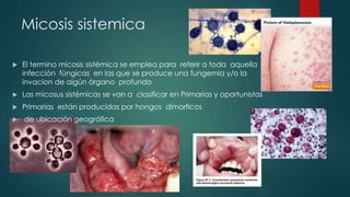 Micosis sistemica
 El termino micosis sistémica se emplea para referir a toda aquella
infección fúngicas en las que se produce una fungemia y/o la
invacion de algún órgano profundo
 Las micosus sistémicas se van a clasificar en Primarias y oportunistas
 Primarias están producidas por hongos dimorficos
 de ubicación geográfica
 