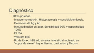 Diagnóstico
◦ Otras pruebas.
◦ Intradermorreación. Histoplasmosis y coccidioidomicosis.
◦ Detección de Ag y Ab
◦ Inmunodifusión en agar. Sensibilidad 90% y especificidad
100%
◦ ELISA
◦ Western blot
◦ Rx de tórax. Infiltrado alveolar intersticial moteado en
“copos de nieve”, hay enfisema, cavitación y fibrosis.
 