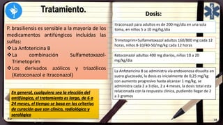 Tratamiento.
P. brasiliensis es sensible a la mayoría de los
medicamentos antifúngicos incluidas las
sulfas:
La Anfotericina B
La combinación Sulfametoxazol-
Trimetoprim
Los derivados azólicos y triazólicos
(Ketoconazol e Itraconazol)
Dosis:
Itraconazol para adultos es de 200 mg/día en una sola
toma, en niños 5 a 10 mg/kg/día
Trimetoprim+Sulfametoxazol adultos 160/800 mg cada 12
horas, niños 8-10/40-50/mg/kg cada 12 horas
Ketoconazol adultos 400 mg diarios, niños 10 a 20
mg/kg/día
La Anfotericina B se administra vía endovenosa disuelta en
suero glucosado, la dosis es inicialmente de 0,25 mg/kg
con aumento progresivo hasta alcanzar 1 mg/kg, se
administra cada 2 a 3 días, 2 a 4 meses, la dosis total esta
relacionada con la respuesta clínica, pudiendo llegar de 2
a 3 gramos
En general, cualquiera sea la elección del
antifúngico, el tratamiento es largo, de 6 a
24 meses, el tiempo se basa en los criterios
de curación que son clínico, radiológico y
serológico
 