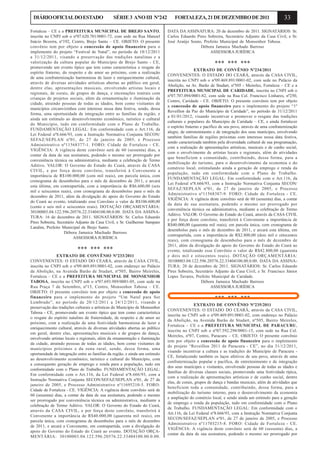 33DIÁRIOOFICIALDOESTADO SÉRIE3 ANOIII Nº242 FORTALEZA,21DEDEZEMBRODE2011
Fortaleza – CE e a PREFEITURA MUNICIPAL DE BREJO SANTO,
inscrita no CNPJ sob o nº07.620.701/0001-72, com sede na Rua Manoel
Inácio Bezerra, nº192, Centro, Brejo Santo – CE. OBJETO: O presente
convênio tem por objeto a concessão de apoio financeiro para o
implemento do projeto “Festival de Natal”, no período de 18/12/2011
a 31/12/2011, visando a preservação das tradições natalinas e a
valorização da cultura popular do Município de Brejo Santo - CE,
promovendo um evento típico que tem como característica o resgate do
espírito fraterno, do respeito e do amor ao próximo, com a realização
de uma confraternização harmoniosa de lazer e enriquecimento cultural,
através de diversas atividades artísticas abertas ao público em geral,
dentre elas, apresentações musicais, envolvendo artistas locais e
regionais, de corais, de grupos de dança, e encenações teatrais com
crianças de projetos sociais, além da ornamentação e iluminação da
cidade, atraindo pessoas de todas as idades, bem como visitantes de
municípios circunvizinhos com interesse nessa data festiva, sendo, dessa
forma, uma oportunidade de integração entre as famílias da região, e
ainda um estímulo ao desenvolvimento econômico, turístico e cultural
do Município, tudo em conformidade com o Plano de Trabalho.
FUNDAMENTAÇÃO LEGAL: Em conformidade com o Art.116, da
Lei Federal nº8.666/93, com a Instrução Normativa Conjunta SECON/
SEFAZ/SEPLAN nº01, de 27 de janeiro de 2005, e Processo
Administrativo nº11568377-1. FORO: Cidade de Fortaleza - CE.
VIGÊNCIA: A vigência deste convênio será de 60 (sessenta) dias, a
contar da data de sua assinatura, podendo o mesmo ser prorrogado por
conveniência técnica ou administrativa, mediante a celebração de Termo
Aditivo. VALOR: O Governo do Estado do Ceará, através da CASA
CIVIL, e por força deste convênio, transferirá à Convenente a
importância de R$100.000,00 (cem mil reais), em parcela única, com
cronograma de desembolso para o mês de dezembro de 2011, e arcará
esta última, em contrapartida, com a importância de R$6.600,00 (seis
mil e seiscentos reais), com cronograma de desembolso para o mês de
dezembro de 2011, além da divulgação do apoio do Governo do Estado
do Ceará ao evento, totalizando esse Convênio o valor de R$106.600,00
(cento e seis mil e seiscentos reais). DOTAÇÃO ORÇAMENTÁRIA:
30100003.04.122.596.20576.22.33404100.00.0.00. DATA DA ASSINA-
TURA: 16 de dezembro de 2011. SIGNATÁRIOS: Sr. Carlos Eduardo
Pires Sobreira, Secretário Adjunto da Casa Civil, e Sr. Guilherme Sampaio
Landim, Prefeito Municipal de Brejo Santo.
Débora Jamaica Machado Barroso
ASSESSORA JURÍDICA
*** *** ***
EXTRATO DE CONVÊNIO Nº233/2011
CONVENENTES: O ESTADO DO CEARÁ, através da CASA CIVIL,
inscrita no CNPJ sob o nº09.469.891/0001-02, com endereço no Palácio
da Abolição, na Avenida Barão de Studart, nº505, Bairro Meireles,
Fortaleza – CE e a PREFEITURA MUNICIPAL DE MONSENHOR
TABOSA, inscrita no CNPJ sob o nº07.693.989/0001-05, com sede na
Rua Praça 7 de Setembro, nº15, Centro, Monsenhor Tabosa – CE.
OBJETO: O presente convênio tem por objeto a concessão de apoio
financeiro para o implemento do projeto “Um Natal para Ser
Lembrado”, no período de 20/12/2011 a 24/12/2011, visando a
preservação das tradições culturais e artísticas do Município de Monsenhor
Tabosa - CE, promovendo um evento típico que tem como característica
o resgate do espírito natalino de fraternidade, de respeito e de amor ao
próximo, com a realização de uma festividade harmoniosa de lazer e
enriquecimento cultural, através de diversas atividades abertas ao público
em geral, dentre elas, apresentações musicais e de grupos de dança,
envolvendo artistas locais e regionais, além da ornamentação e iluminação
da cidade, atraindo pessoas de todas as idades, bem como visitantes de
municípios próximos e da zona rural, sendo, dessa forma, uma
oportunidade de integração entre as famílias da região, e ainda um estímulo
ao desenvolvimento econômico, turístico e cultural do Município, com
a consequente geração de emprego e renda para a população, tudo em
conformidade com o Plano de Trabalho. FUNDAMENTAÇÃO LEGAL:
Em conformidade com o Art.116, da Lei Federal nº8.666/93, com a
Instrução Normativa Conjunta SECON/SEFAZ/SEPLAN nº01, de 27 de
janeiro de 2005, e Processo Administrativo nº11695210-5. FORO:
Cidade de Fortaleza - CE. VIGÊNCIA: A vigência deste convênio será de
60 (sessenta) dias, a contar da data de sua assinatura, podendo o mesmo
ser prorrogado por conveniência técnica ou administrativa, mediante a
celebração de Termo Aditivo. VALOR: O Governo do Estado do Ceará,
através da CASA CIVIL, e por força deste convênio, transferirá à
Convenente a importância de R$40.000,00 (quarenta mil reais), em
parcela única, com cronograma de desembolso para o mês de dezembro
de 2011, e arcará a Convenente, em contrapartida, com a divulgação do
apoio do Governo do Estado do Ceará ao evento. DOTAÇÃO ORÇA-
MENTÁRIA: 30100003.04.122.596.20576.22.33404100.00.0.00.
DATA DA ASSINATURA: 20 de dezembro de 2011. SIGNATÁRIOS: Sr.
Carlos Eduardo Pires Sobreira, Secretário Adjunto da Casa Civil, e Sr.
José Araújo Souto, Prefeito Municipal de Monsenhor Tabosa.
Débora Jamaica Machado Barroso
ASSESSORA JURÍDICA
*** *** ***
EXTRATO DE CONVÊNIO Nº234/2011
CONVENENTES: O ESTADO DO CEARÁ, através da CASA CIVIL,
inscrita no CNPJ sob o nº09.469.891/0001-02, com sede no Palácio da
Abolição, na Av. Barão de Studart, nº505 - Meireles, Fortaleza – CE e a
PREFEITURA MUNICIPAL DE CARIDADE, inscrita no CNPJ sob o
nº07.707.094/0001-82, com sede na Rua Cel. Francisco Linhares, nº250,
Centro, Caridade - CE. OBJETO: O presente convênio tem por objeto
a concessão de apoio financeiro para o implemento do projeto “1º
Reveillon da Paz do Município de Caridade”, no período de 31/12/2011
a 01/01/2012, visando incentivar e promover o resgate das tradições
culturais e populares do Município de Caridade – CE, e ainda fortalecer
o espírito fraterno e pacífico de seu povo, através de uma confraternização
alegre, de entretenimento e de integração dos seus munícipes, envolvendo
também famílias de regiões próximas com interesse nessa data festiva,
sendo caracterizada também pela diversidade cultural de sua programação,
com a realização de apresentações artísticas, musicais e de cunho social,
com o envolvimento de artistas locais e regionais, além de atividades
que beneficiem a comunidade, contribuindo, dessa forma, para a
mobilização do turismo, para o desenvolvimento da economia e do
comércio local, estimulando ainda a geração de emprego e renda da
população, tudo em conformidade com o Plano de Trabalho.
FUNDAMENTAÇÃO LEGAL: Em conformidade com o Art.116, da
Lei Federal nº8.666/93, com a Instrução Normativa Conjunta SECON/
SEFAZ/SEPLAN nº01, de 27 de janeiro de 2005, e Processo
Administrativo nº11568387-9. FORO: Cidade de Fortaleza - CE.
VIGÊNCIA: A vigência deste convênio será de 60 (sessenta) dias, a contar
da data de sua assinatura, podendo o mesmo ser prorrogado por
conveniência técnica ou administrativa, mediante a celebração de Termo
Aditivo. VALOR: O Governo do Estado do Ceará, através da CASA CIVIL
e por força deste convênio, transferirá à Convenente a importância de
R$40.000,00 (quarenta mil reais), em parcela única, com cronograma de
desembolso para o mês de dezembro de 2011, e arcará esta última, em
contrapartida, com a importância de R$2.800,00 (dois mil e oitocentos
reais), com cronograma de desembolso para o mês de dezembro de
2011, além da divulgação do apoio do Governo do Estado do Ceará ao
evento, totalizando esse Convênio o valor de R$42.800,00 (quarenta
e dois mil e oitocentos reais). DOTAÇÃO ORÇAMENTÁRIA:
30100003.04.122.596.20576.22.33404100.00.0.00. DATA DA ASSINA-
TURA: 20 de dezembro de 2011. SIGNATÁRIOS: Sr. Carlos Eduardo
Pires Sobreira, Secretário Adjunto da Casa Civil, e Sr. Francisco Júnior
Lopes Tavares, Prefeito Municipal de Caridade.
Débora Jamaica Machado Barroso
ASSESSORA JURÍDICA
*** *** ***
EXTRATO DE CONVÊNIO Nº235/2011
CONVENENTES: O ESTADO DO CEARÁ, através da CASA CIVIL,
inscrita no CNPJ sob o nº09.469.891/0001-02, com endereço no Palácio
da Abolição, na Avenida Barão de Studart, nº505, Bairro Meireles,
Fortaleza – CE e a PREFEITURA MUNICIPAL DE PARACURU,
inscrita no CNPJ sob o nº07.592.298/0001-15, com sede na Rua Cel.
Meireles, nº07, Centro, Paracuru – CE. OBJETO: O presente convênio
tem por objeto a concessão de apoio financeiro para o implemento
do projeto “Reveillon 2011 de Paracuru - CE”, no dia 31/12/2011,
visando incentivar a cultura e as tradições do Município de Paracuru -
CE, fortalecendo também os laços afetivos de seu povo, através de uma
confraternização popular e pacífica, de entretenimento e de integração
dos seus munícipes e visitantes, envolvendo pessoas de todas as idades e
famílias de diversas classes sociais, promovendo uma festividade típica,
com a realização de apresentações artísticas e de cunho social, dentre
elas, de corais, grupos de dança e bandas musicais, além de atividades que
beneficiem toda a comunidade, contribuindo, dessa forma, para a
mobilização do turismo interno, para o desenvolvimento da economia
e ampliação do comércio local, e sendo ainda um estímulo para a geração
de emprego e renda da população, tudo em conformidade com o Plano
de Trabalho. FUNDAMENTAÇÃO LEGAL: Em conformidade com o
Art.116, da Lei Federal nº8.666/93, com a Instrução Normativa Conjunta
SECON/SEFAZ/SEPLAN nº01, de 27 de janeiro de 2005, e Processo
Administrativo nº11703215-8. FORO: Cidade de Fortaleza - CE.
VIGÊNCIA: A vigência deste convênio será de 60 (sessenta) dias, a
contar da data de sua assinatura, podendo o mesmo ser prorrogado por
 
