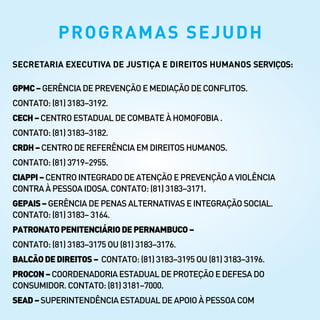 SECRETARIA EXECUTIVA DE JUSTIÇA E DIREITOS HUMANOS SERVIÇOS:
GPMC–GERÊNCIADEPREVENÇÃOEMEDIAÇÃODECONFLITOS.
CONTATO:(81) 3183–3192.
CECH–CENTRO ESTADUALDECOMBATEÀHOMOFOBIA.
CONTATO:(81) 3183–3182.
CRDH–CENTRO DEREFERÊNCIAEMDIREITOSHUMANOS.
CONTATO:(81) 3719–2955.
CIAPPI–CENTRO INTEGRADODEATENÇÃOEPREVENÇÃOAVIOLÊNCIA
CONTRA À PESSOAIDOSA.CONTATO:(81)3183–3171.
GEPAIS–GERÊNCIADEPENASALTERNATIVASEINTEGRAÇÃOSOCIAL.
CONTATO:(81) 3183–3164.
PATRONATOPENITENCIÁRIODEPERNAMBUCO–
CONTATO:(81) 3183–3175OU(81)3183–3176.
BALCÃODEDIREITOS– CONTATO:(81)3183–3195OU(81)3183–3196.
PROCON–COORDENADORIAESTADUALDEPROTEÇÃOEDEFESADO
CONSUMIDOR. CONTATO:(81)3181–7000.
SEAD–SUPERINTENDÊNCIAESTADUALDEAPOIOÀPESSOACOM
Programas SEJUDH
 