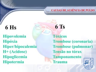 CAUSAS DE AUSÊNCIA DE PULSO




 6 Hs                 6 Ts
Hipovolemia         Tóxicos
Hipóxia             Trombose (coronaria)
Hiper/hipocalemia   Trombose (pulmonar)
H+ (Acidose)        Tensão no tórax
Hipoglicemia        Tamponamento
Hipotermia          Trauma
 