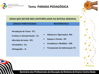 Tema PARADA PEDAGÓGICA


EIXOS QUE DEVEM SER CONTEMPLADOS NA ROTINA SEMANAL

  LÍNGUA PORTUGUESA                         MATEMÁTICA


 •Produção de Texto - PT;
                                  •   Números e Operações- NO;
 •Leitura e interpretação - LI;
                                  •   Espaço e Forma - EF;
 •Revisão de texto - RT;
                                  •   Grandezas e Medidas - GM;
 •Gramática - Gr;
                                  •   Tratamento da Informação TI;
 •Ortografia – O.




                                                                          Praticas


         Seminário dos Profissionais da Educação da Diretoria de Ensino Centro-Oeste
 