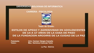Tesis de Grado:
UNIVERSIDAD BOLIVIANA DE INFORMATICA
CARRERA - PSICOLOGIA
La Paz - Bolivia
 