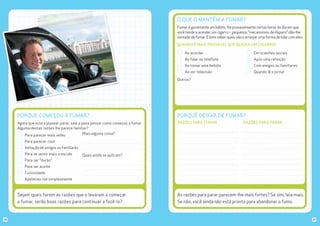 O QUE O MANTÉM A FUMAR?
Fumar é geralmente um hábito. Há provavelmente certas horas do dia em que
você tende a acender um cigarro – pequenos "mecanismos de disparo" dão-lhe
vontade de fumar. É bom saber quais são e arranjar uma forma de lidar com eles.
QUANDO É MAIS PROVÁVEL QUE QUEIRA UM CIGARRO?
Ao acordar

Em ocasiões sociais

Ao falar ao telefone

Após uma refeição

Ao tomar uma bebida

Com amigos ou familiares

Ao ver televisão

Quando lê o jornal

Outros?

PORQUE COMEÇOU A FUMAR?

PORQUÊ DEIXAR DE FUMAR?

Agora que está a planear parar, vale a pena pensar como começou a fumar.
Alguma destas razões lhe parece familiar?
Mais alguma coisa?
Para parecer mais velho

RAZÕES PARA FUMAR

RAZÕES PARA PARAR

Para parecer cool
Imitação de amigos ou familiares
Para se sentir mais crescido

Quais ainda se aplicam?

Para ser "durão"
Para ser aceite
Curiosidade
Apeteceu-me simplesmente

Sejam quais forem as razões que o levaram a começar
a fumar, serão boas razões para continuar a fazê-lo?

28

As razões para parar parecem-lhe mais fortes? Se sim, leia mais.
Se não, você ainda não está pronto para abandonar o fumo.

29

 