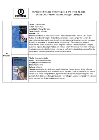 Livros paradidáticos indicados para o ano letivo de 2011
                    1º ano E.M. – Profª Fabiana Camargo - Literatura



            Título: Os Miseráveis
            Autor: Victor Hugo
            Adaptação: Walcyr Carrasco
            Série: Grandes Leituras
            Editora: FTD
            Sinopse: Um texto de forte cunho social e elementos de drama policial. Uma história
            fictícia de onde se tira lições de bondade, renúncia e perseverança. Um homem de
            aparência miserável, ex-forçado das galés, retorna ao convívio social, mas não consegue
            comer e se aquecer e as hospedarias lhe negam abrigo. É acolhido pelo bispo. O
            miserável lhe rouba as pratarias, mas o religioso o perdoa e ainda lhe dá dois castiçais,
            sua única riqueza. Estava plantada a semente do amor. O miserável ficou rico, empregou
            muita gente, mudou de identidade e tornou-se prefeito. Perdeu tudo e precisou fugir de
            um inspetor obcecado por revelar seu verdadeiro nome.
    3º
trimestre
            Título: Amor de Perdição
            Autor: Camilo Castelo Branco
            Adaptação: Renata Pallottini
            Série: Reencontro
            Editora: Scipione
            Sinopse: Adaptação do clássico português de Camilo Castelo Branco. Simão e Teresa
            amam-se perdidamente, mas suas famílias não aprovam a relação. Diante de sua recusa
            em casar-se com o fidalgo Baltazar, a jovem é trancafiada em um convento pelos pais,
            para afastá-la do amado. Este, por sua vez, é enviado para Lisboa. Como sobreviverá esse
            amor marcado por desventuras e desencontros?
 