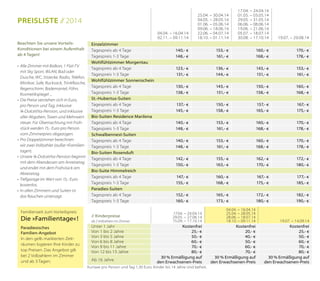 04.04. – 16.04.14
02.11. – 09.11.14

25.04. – 30.04.14
04.05. – 28.05.14
01.06. – 05.06.14
09.06. – 18.06.14
22.06. – 04.07.14
18.10. – 01.11.14

17.04. – 24.04.14
01.05. – 03.05.14
29.05. – 31.05.14
06.06. – 08.06.14
19.06. – 21.06.14
05.07. – 18.07.14
30.08. – 17.10.14

19.07. – 29.08.14

140,- €
148,- €

153,- €
161,- €

160,- €
168,- €

170,- €
178,- €

123,- €
131,- €

136,- €
144,- €

143,- €
151,- €

153,- €
161,- €

130,- €
138,- €

143,- €
151,- €

150,- €
158,- €

160,- €
168,- €

137,- €
145,- €

150,- €
158,- €

157,- €
165,- €

167,- €
175,- €

140,- €
148,- €

153,- €
161,- €

160,- €
168,- €

170,- €
178,- €

140,- €
148,- €

153,- €
161,- €

160,- €
168,- €

170,- €
178,- €

142,- €
150,- €

155,- €
163,- €

162,- €
170,- €

172,- €
180,- €

147,- €
155,- €

160,- €
168,- €

167,- €
175,- €

177,- €
185,- €

152,- €
160,- €

165,- €
173,- €

172,- €
180,- €

182,- €
190,- €

Preisliste // 2014
Beachten Sie unsere VorteilsKonditionen bei einem Aufenthalt
ab 4 Tagen!
•	 Alle Zimmer mit Balkon, 1 Flat-TV
mit Sky Sport, WLAN, Bad oder
Dusche, WC, Sitzecke, Radio, Telefon,
Minibar, Safe, Rucksack, Trinkflasche,
Regenschirm, Bademantel, Föhn,
Kosmetikspiegel ...
•	 Die Preise verstehen sich in Euro,
pro Person und Tag, inklusive
¾-DolceVita-Pension, und inklusive
aller Abgaben, Taxen und Mehrwertsteuer. Für Übernachtung mit Frühstück werden 15,- Euro pro Person
vom Zimmerpreis abgezogen.
•	 Pro Doppelzimmer berechnen
wir zwei Vollzahler (außer »Familien­
tage«).
•	 Unsere ¾-DolceVita-Pension beginnt
mit dem Abendessen am Anreisetag
und endet mit dem Frühstück am
Abreisetag.
•	 Tiefgarage im Wert von 15,- Euro
kostenlos.
•	 In allen Zimmern und Suiten ist
das Rauchen untersagt.

Familienzeit zum Vorteilspreis

Einzelzimmer
Tagespreis ab 4 Tage
Tagespreis 1-3 Tage
Wohlfühlzimmer Morgentau
Tagespreis ab 4 Tage
Tagespreis 1-3 Tage
Wohlfühlzimmer Sonnenschein
Tagespreis ab 4 Tage
Tagespreis 1-3 Tage
St.-Hubertus-Suiten
Tagespreis ab 4 Tage
Tagespreis 1-3 Tage
Bio-Suiten Residence Marilena
Tagespreis ab 4 Tage
Tagespreis 1-3 Tage
Schwalbennest-Suiten
Tagespreis ab 4 Tage
Tagespreis 1-3 Tage
Bio-Suiten Rosenduft
Tagespreis ab 4 Tage
Tagespreis 1-3 Tage
Bio-Suite Himmelreich
Tagespreis ab 4 Tage
Tagespreis 1-3 Tage
Paradies-Suiten
Tagespreis ab 4 Tage
Tagespreis 1-3 Tage

Die »Familientage« !

// Kinderpreise

Paradiesisches
Familien-­Angebot
In den gelb markierten Zeiträumen logieren Ihre Kinder zu
top Preisen. Das Angebot gilt
bei 2 Vollzahlern im Zimmer
und ab 3 Tagen.

Unter 1 Jahr
Von 1 bis 2 Jahre
Von 3 bis 5 Jahre
Von 6 bis 8 Jahre
Von 9 bis 11 Jahre
Von 12 bis 15 Jahre

ab 2 Vollzahlern im Zimmer

Ab 16 Jahre

17.04. – 24.04.14
29.05. – 27.06.14
15.09. – 17.10.14

04.04. – 16.04.14
25.04. – 28.05.14
28.06. – 18.07.14
18.10. – 09.11.14

19.07. – 14.09.14

Kostenfrei
25,- €
50,- €
60,- €
70,- €
80,- €
30 % Ermäßigung auf
den Erwachsenen-Preis

Kostenfrei
20,- €
40,- €
50,- €
60,- €
70,- €
30 % Ermäßigung auf
den Erwachsenen-Preis

Kostenfrei
25,- €
50,- €
60,- €
70,- €
80,- €
30 % Ermäßigung auf
den Erwachsenen-Preis

Kurtaxe pro Person und Tag 1,30 Euro. Kinder bis 14 Jahre sind befreit.

 