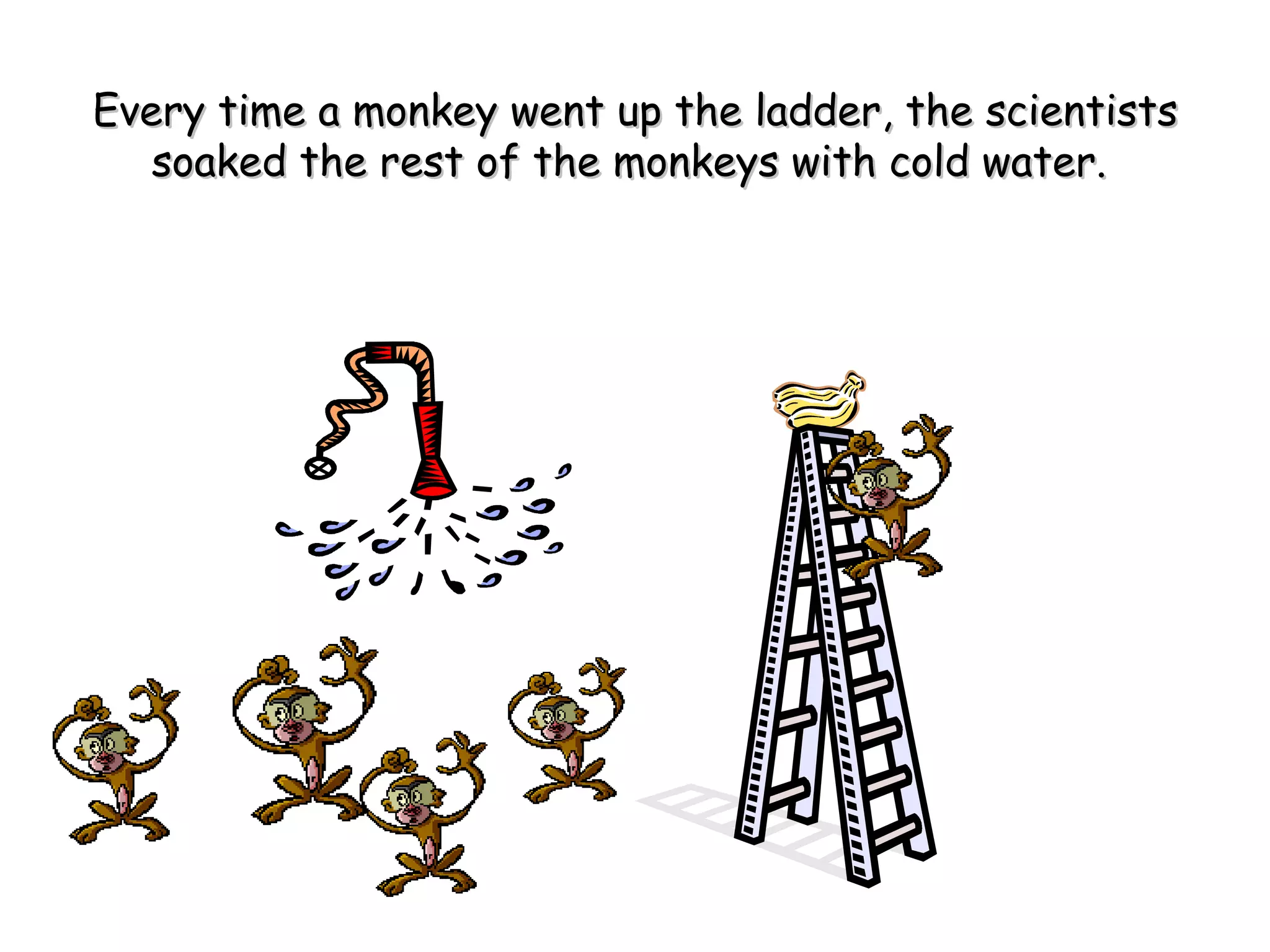 Every time a monkey went up the ladder, the scientistsEvery time a monkey went up the ladder, the scientists
soaked the rest of the monkeys with cold water.soaked the rest of the monkeys with cold water.
 