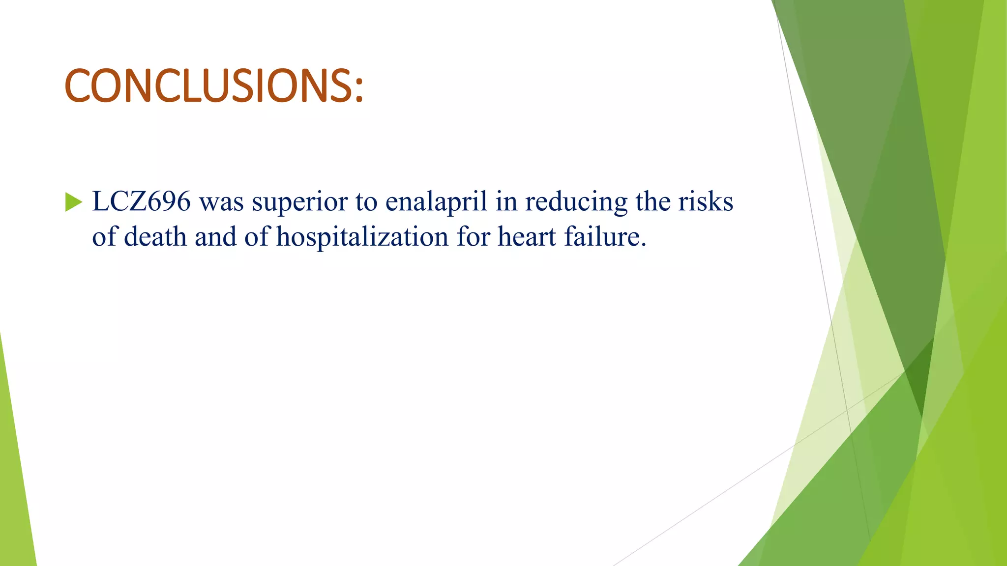 CONCLUSIONS: 
 LCZ696 was superior to enalapril in reducing the risks 
of death and of hospitalization for heart failure. 
