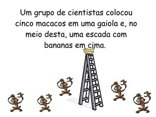 Um grupo de cientistas colocou cinco macacos em uma gaiola e, no meio desta, uma escada com bananas em cima.  