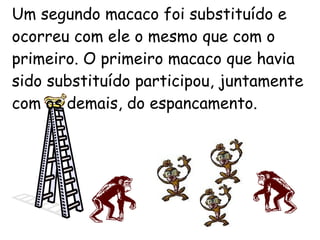 Um segundo macaco foi substituído e ocorreu com ele o mesmo que com o primeiro. O primeiro macaco que havia sido substituído participou, juntamente com os demais, do espancamento.  