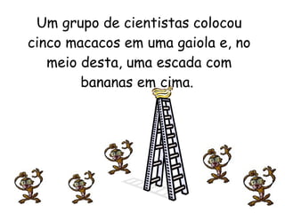 Um grupo de cientistas colocou cinco macacos em uma gaiola e, no meio desta, uma escada com bananas em cima.  