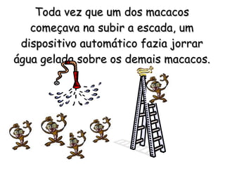 Toda vez que um dos macacos começava na subir a escada, um dispositivo automático fazia jorrar água gelada sobre os demais macacos.   