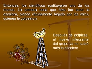 Entonces, los científicos sustituyeron uno de los
monos. La primera cosa que hizo fue subir la
escalera, siendo rápidamente bajado por los otros,
quienes le golpearon.



                            Después de golpizas,
                            el nuevo integrante
                            del grupo ya no subió
                            más la escalera.
 