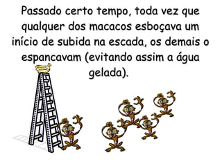 Passado certo tempo, toda vez que qualquer dos macacos esboçava um início de subida na escada, os demais o espancavam (evitando assim a água gelada).   