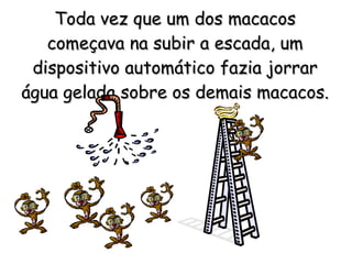 Toda vez que um dos macacos começava na subir a escada, um dispositivo automático fazia jorrar água gelada sobre os demais macacos.   