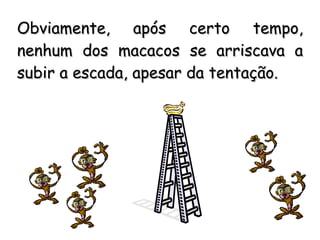 Obviamente, após certo tempo, nenhum dos macacos se arriscava a subir a escada, apesar da tentação. 