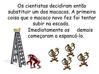 Os cientistas decidiram então
substituir um dos macacos. A primeira
coisa que o macaco novo fez foi tentar
           subir na escada.
         Imediatamente os demais
         começaram a espancá-lo.
 