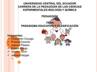 UNIVERSIDAD CENTRAL DEL ECUADOR
CARRERA DE LA PEDAGOGÍA DE LAS CIENCIAS
EXPERIMENTALES BIOLOGÍA Y QUÍMICA
PEDAGOGÍA
TEMA
PARADIGMA EDUCATIVO Y CLASIFICACIÓN
Integrantes:
 Cristopher Coyago
 Priscila Coronel
 Joanna Pilataxi
 Edison Minga
 Joselyn Silva
 Jessica Vargas
 