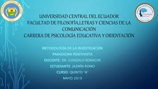 UNIVERSIDAD CENTRAL DEL ECUADOR
FACULTAD DE FILOSOFÍA,LETRAS Y CIENCIAS DE LA
COMUNICACIÓN
CARRERA DE PSICOLOGÍA EDUCATIVA Y ORIENTACIÓN
METODOLOGÍA DE LA INVESTIGACIÓN
PARADIGMA POSITIVISTA
DOCENTE: DR. GONZALO REMACHE
ESTUDIANTE: JAZMÍN ROMO
CURSO: QUINTO “A”
MAYO 2019
 
