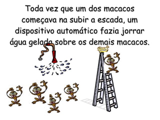 Toda vez que um dos macacos começava na subir a escada, um dispositivo automático fazia jorrar água gelada sobre os demais macacos.   
