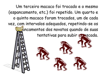 Um terceiro macaco foi trocado e o mesmo (espancamento, etc.) foi repetido. Um quarto e o quinto macaco foram trocados, um de cada vez, com intervalos adequados, repetindo-se os espancamentos dos novatos quando de suas tentativas para subir na escada. 