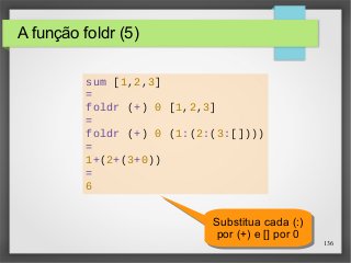 136 
A função foldr (5) 
sum [1,2,3] 
= 
foldr (+) 0 [1,2,3] 
= 
foldr (+) 0 (1:(2:(3:[]))) 
= 
1+(2+(3+0)) 
= 
6 
Substitua cada (:) 
por (+) e [] por 0 
Substitua cada (:) 
por (+) e [] por 0 
 